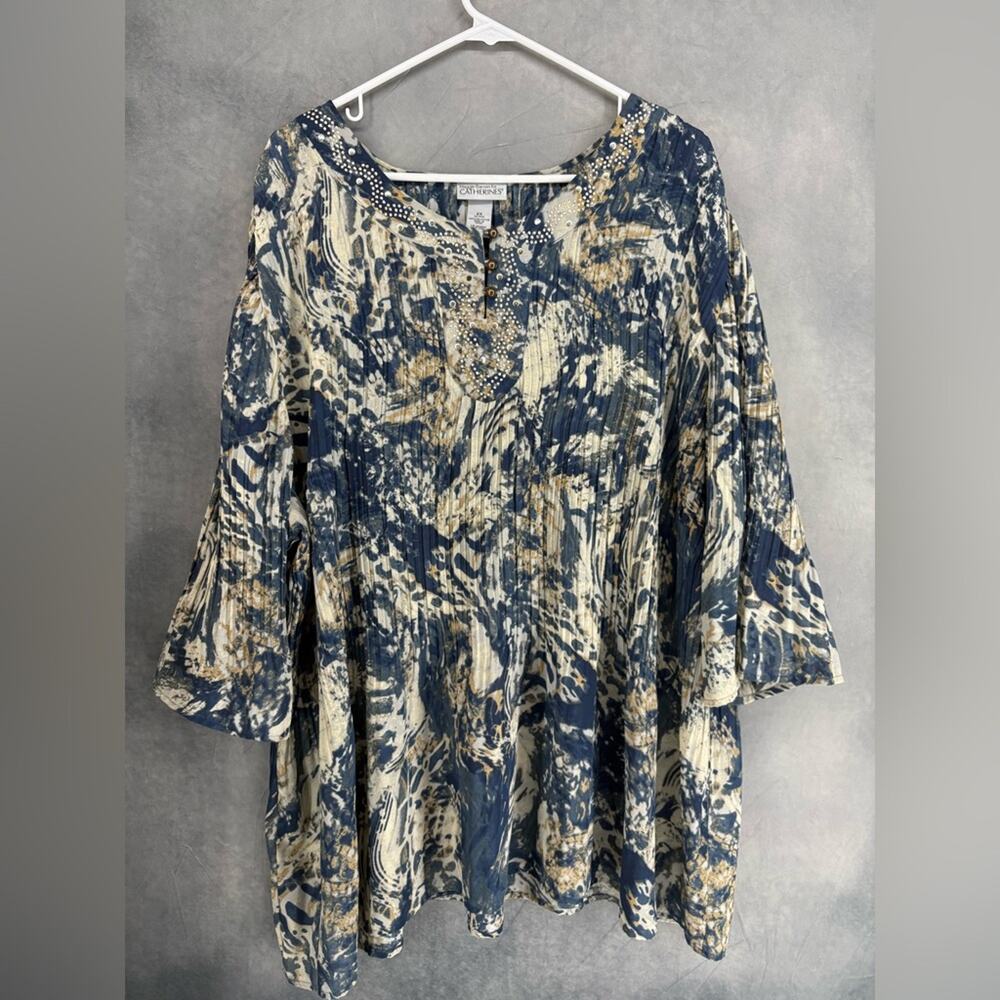 Maggie Barnes Catherine’s Crinkle‎ Pleated Tunic Blouse Artsy Abstract Sz 2X